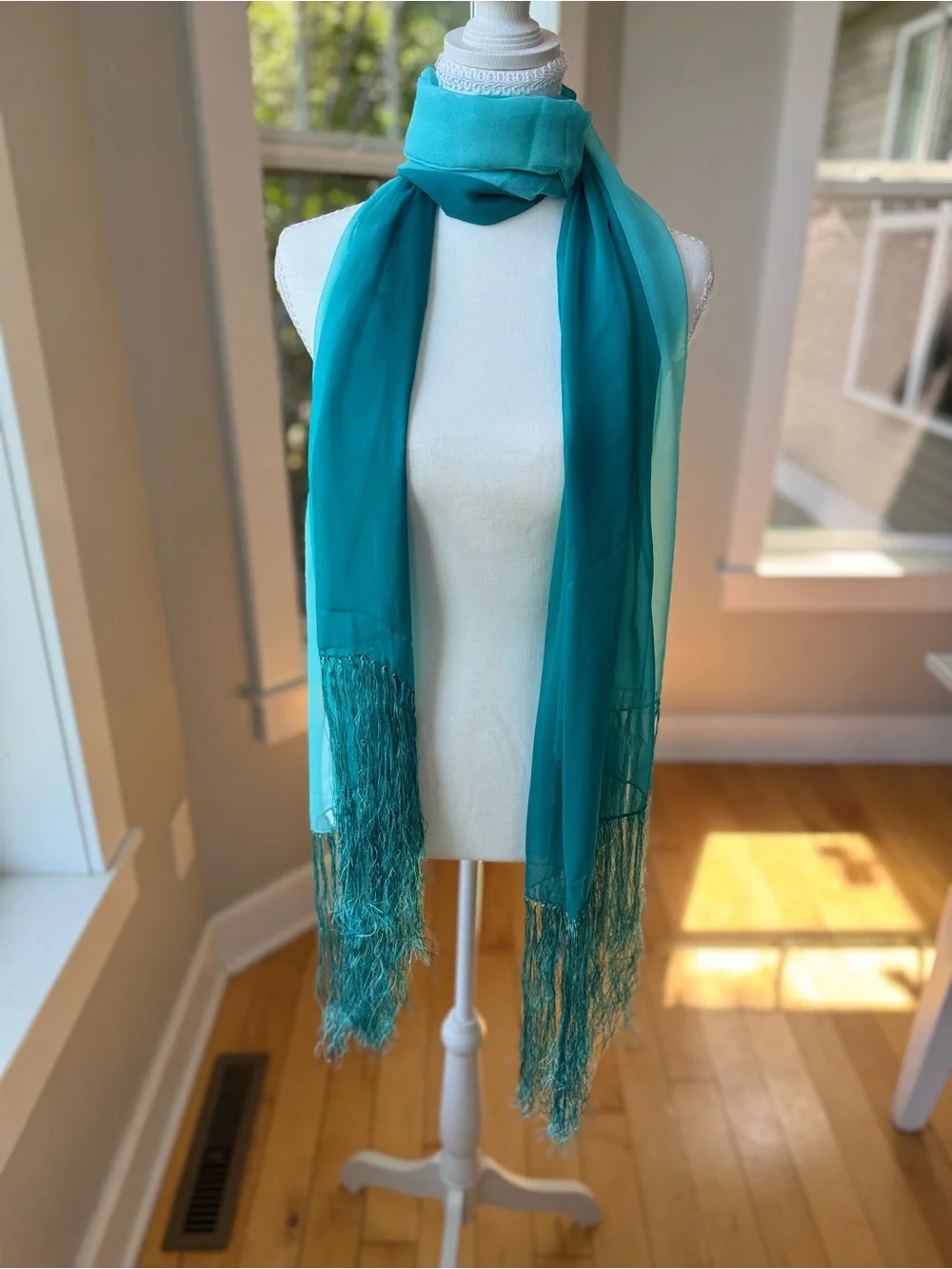 Vintage Y2K Teal Ombre Silk Sheer Scarf with Fringe
